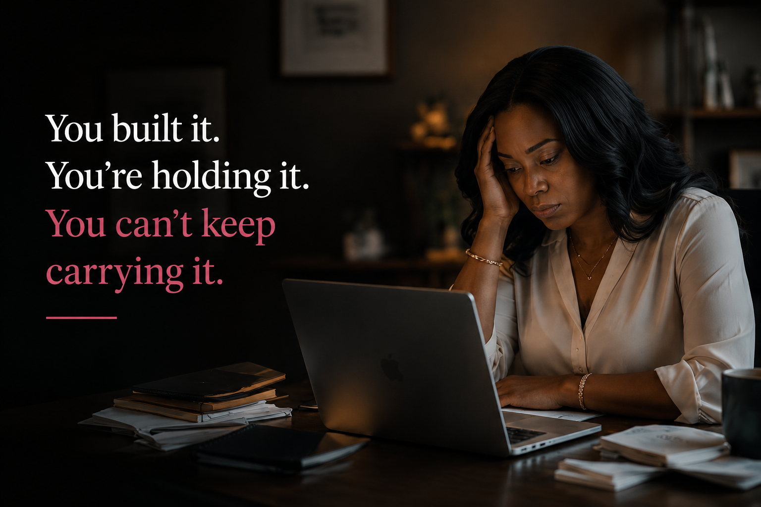 A woman carrying the visible weight of keeping her business moving