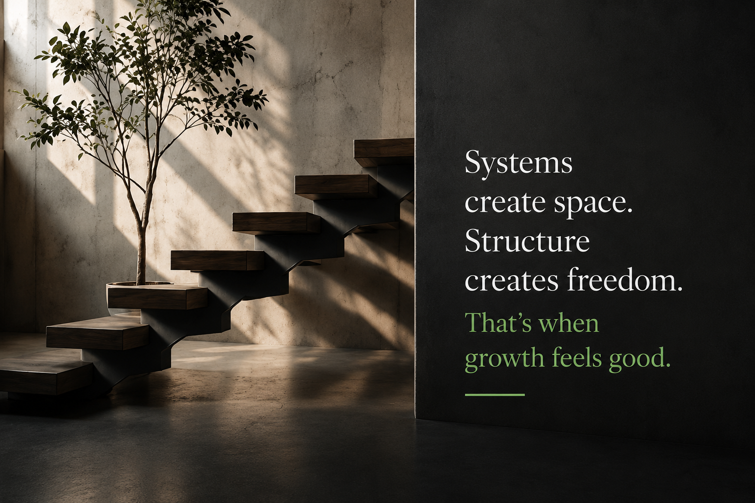 A staircase with a tree growing through it, representing structure that creates room to grow